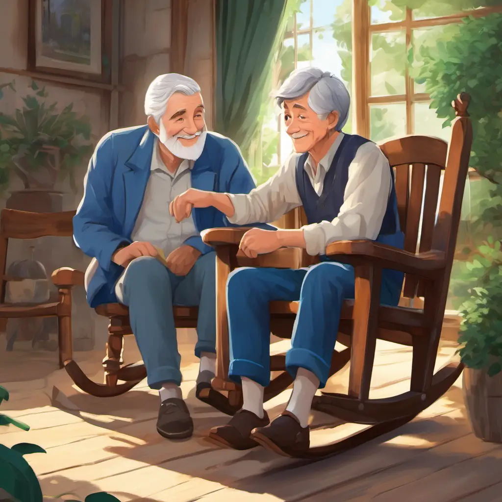 Ayden is a boy with short brown hair and bright blue eyes and Granddaddy Jack is an older man with gray hair and wise brown eyes sitting on a rocking chair, talking and smiling together.