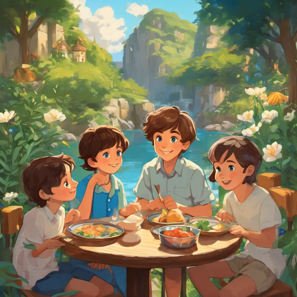 Ayden is a boy with short brown hair and bright blue eyes sitting with Lily and their friends, smiling and sharing lunch.