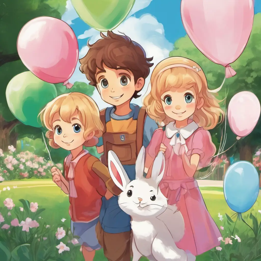 Lily: A cheerful girl with brown hair and blue eyes, Leo: A playful boy with blonde hair and green eyes, and Ruby: A mischievous rabbit with white fur and pink eyes in a park with a picture of seven balloons