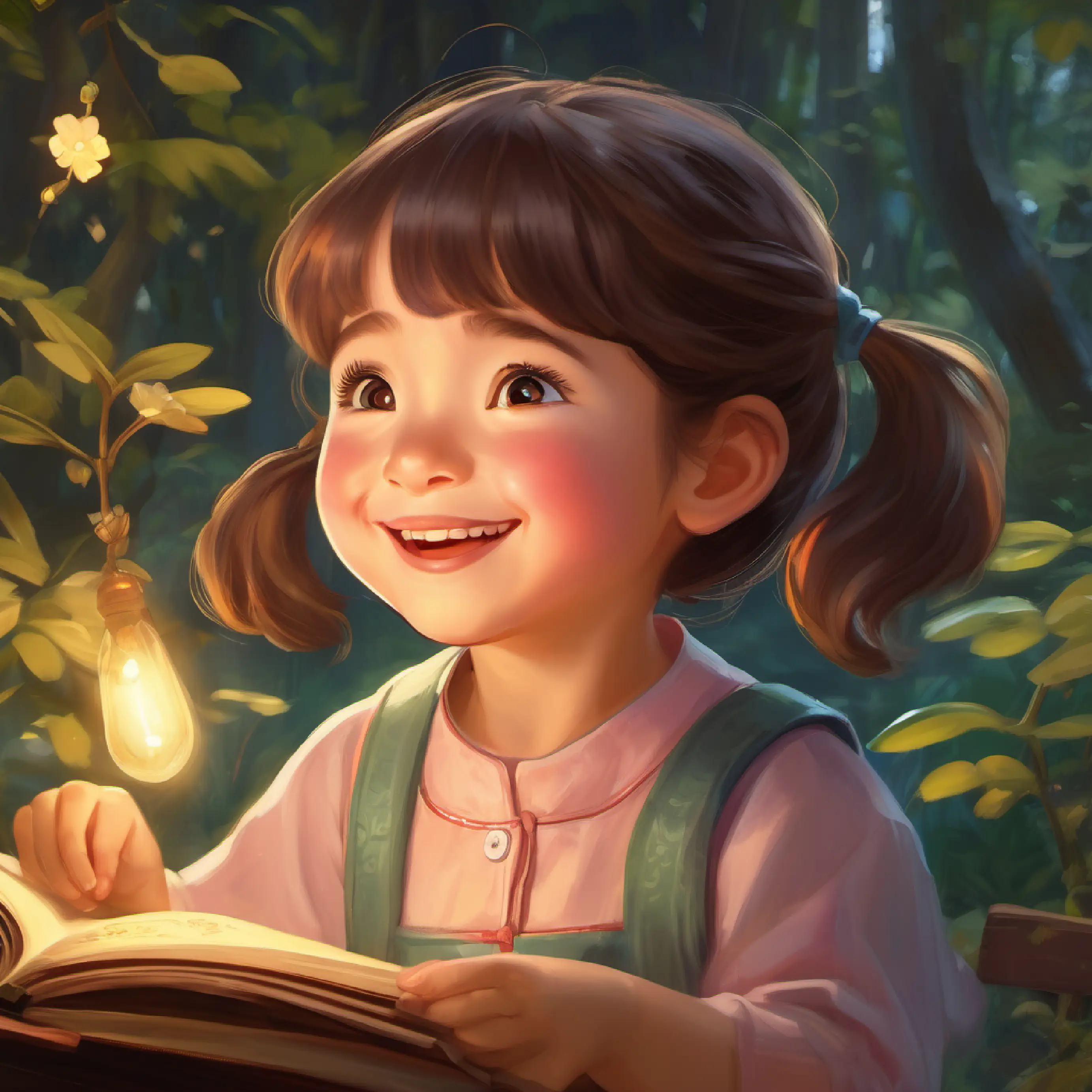 A joyful 5-year-old girl with bright eyes and rosy cheeks learning the meaning of otoshidama