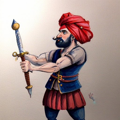 Brave, kind-hearted man with a turban, vest, and sword determined and ready to fight the monster