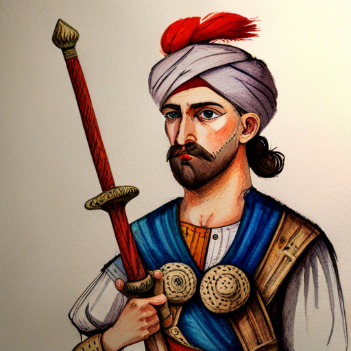 Brave, kind-hearted man with a turban, vest, and sword standing proud and victorious