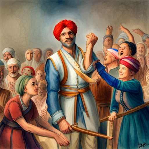 Everyone cheering and clapping for Brave, kind-hearted man with a turban, vest, and sword