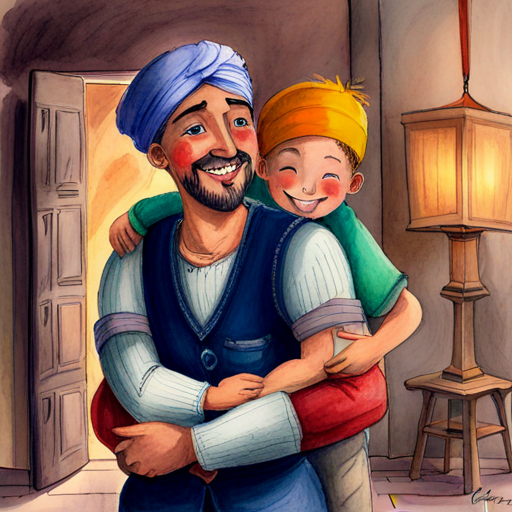Brave, kind-hearted man with a turban, vest, and sword and his son hugging and smiling in their home