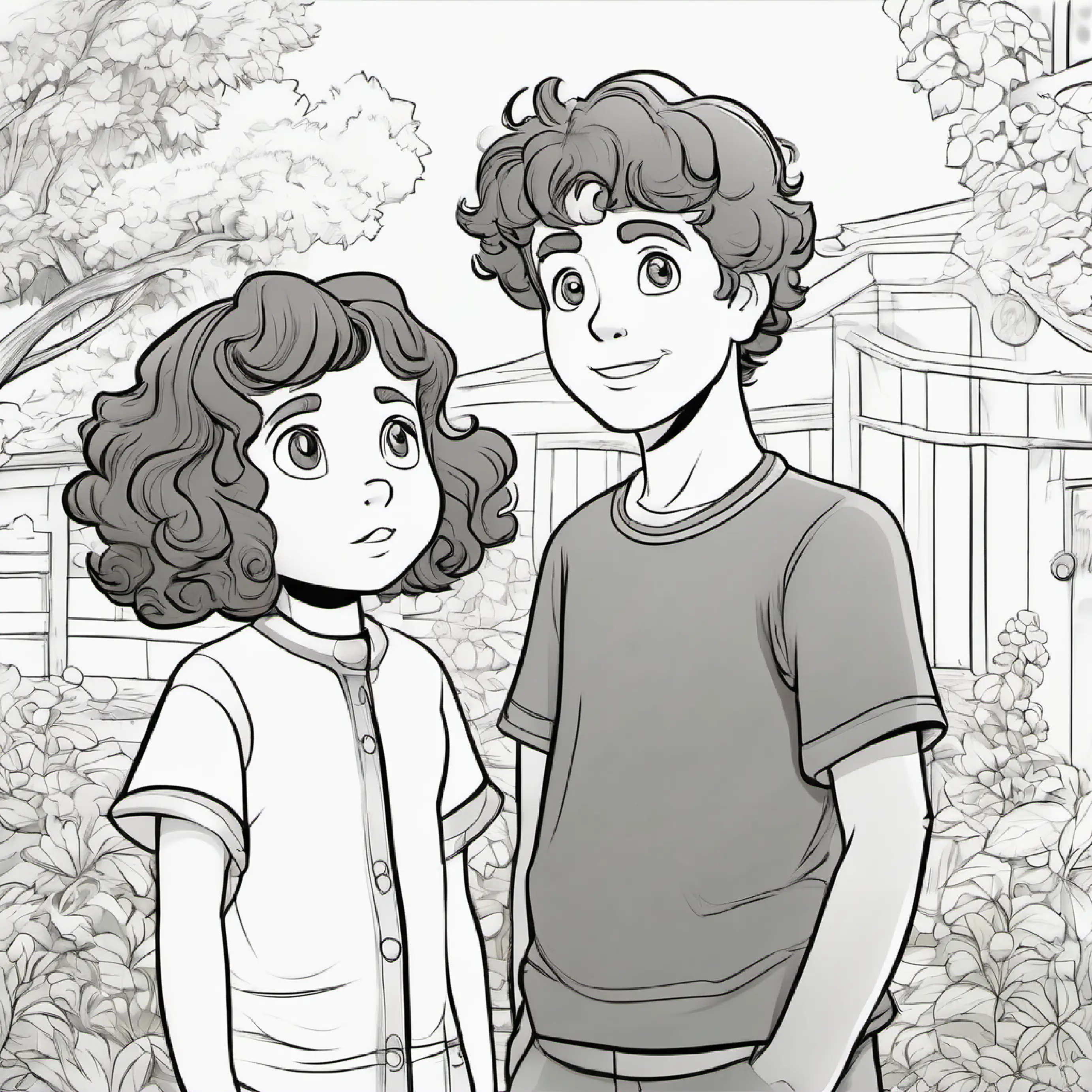 Little girl with bright green eyes and curly brown hair approaches and speaks to the boy, showing concern.