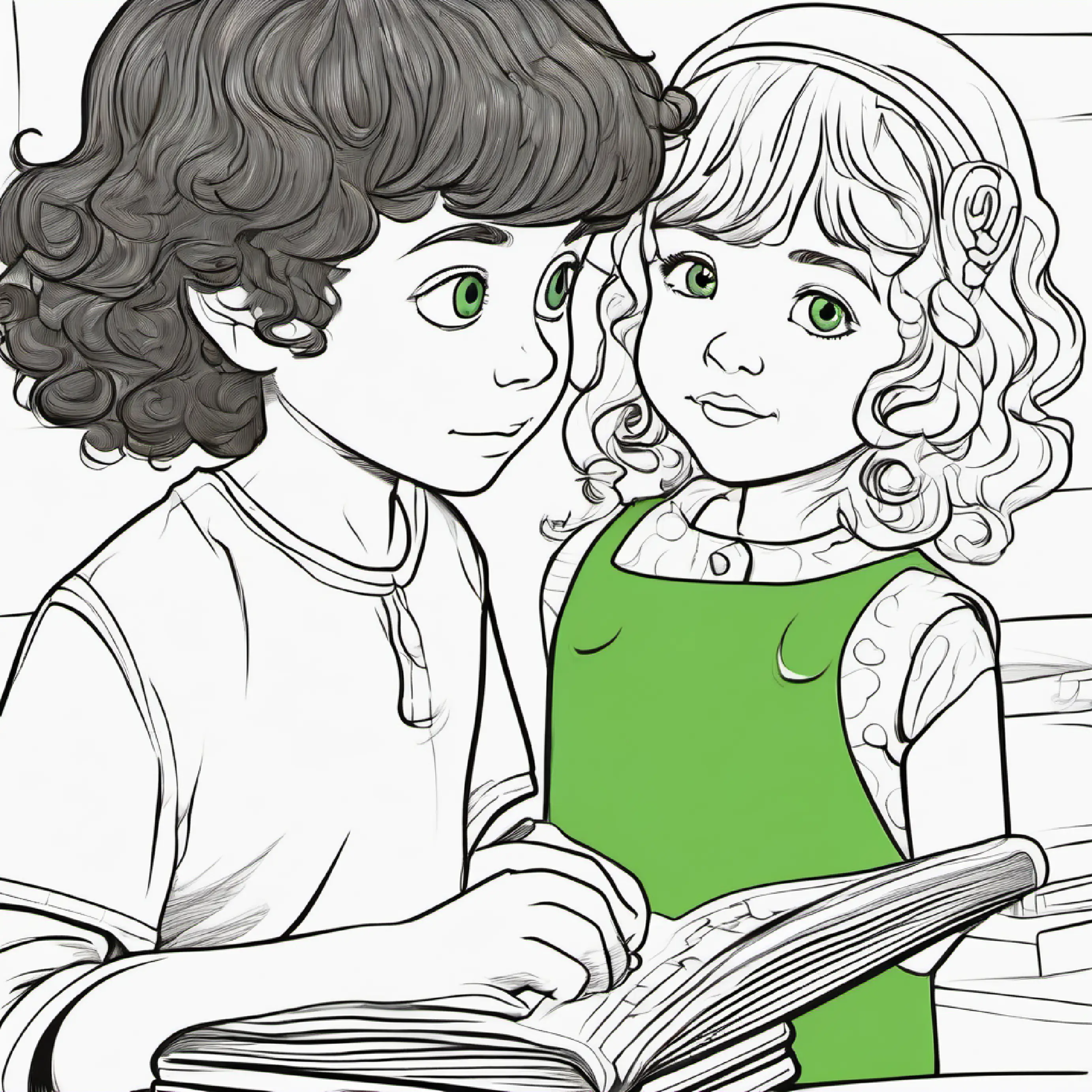 Little girl with bright green eyes and curly brown hair shares her own interests with New boy with short black hair and thoughtful brown eyes.