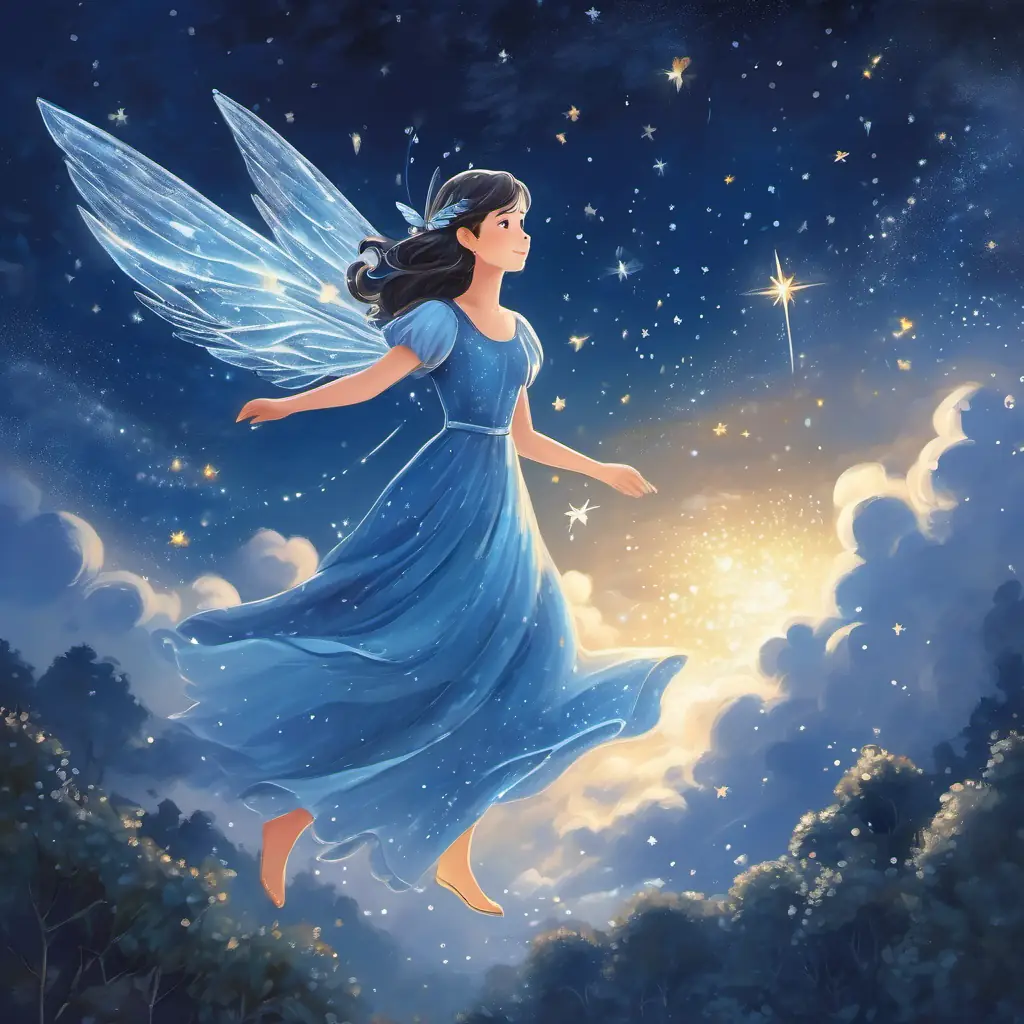 Fairy with silver wings and blue dress with silver wings and blue dress, sprinkling stardust in the night sky