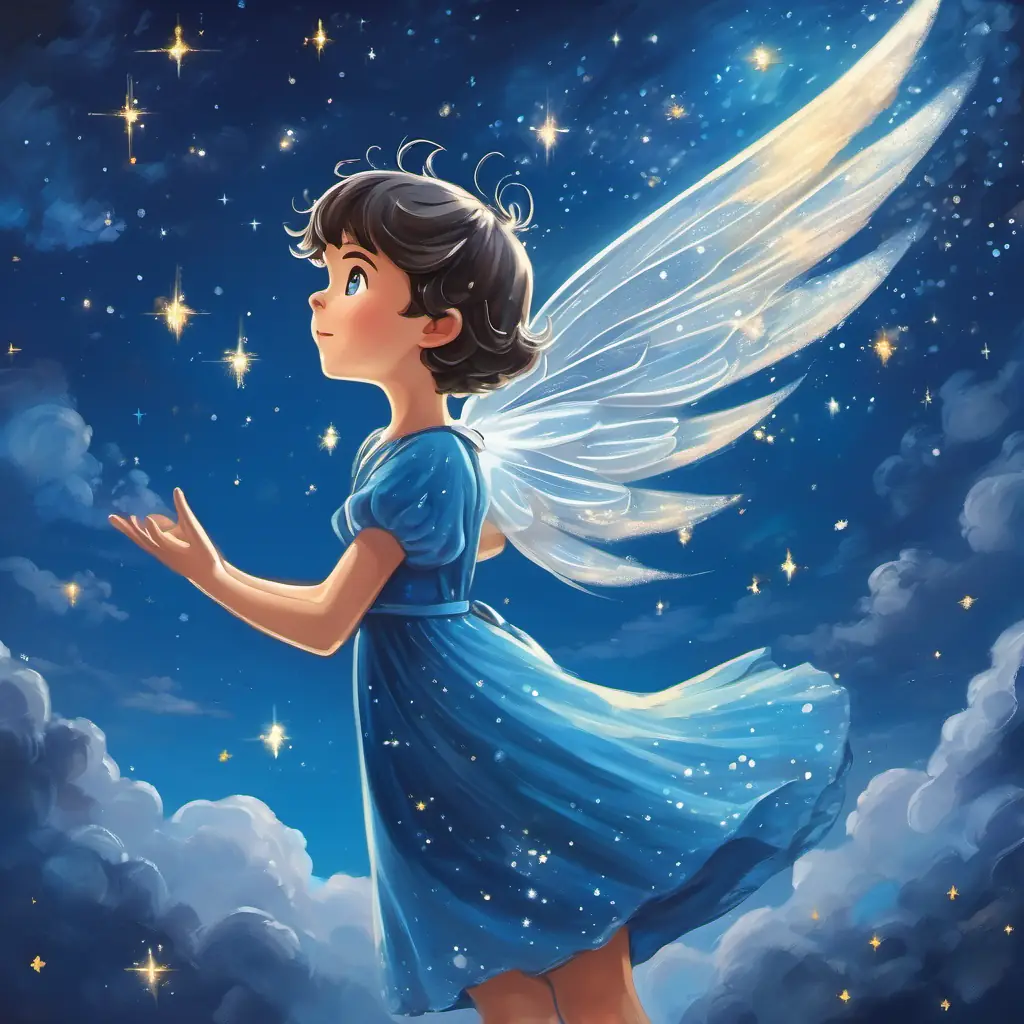 Fairy with silver wings and blue dress sprinkling stardust, Timmy looking up at the sky