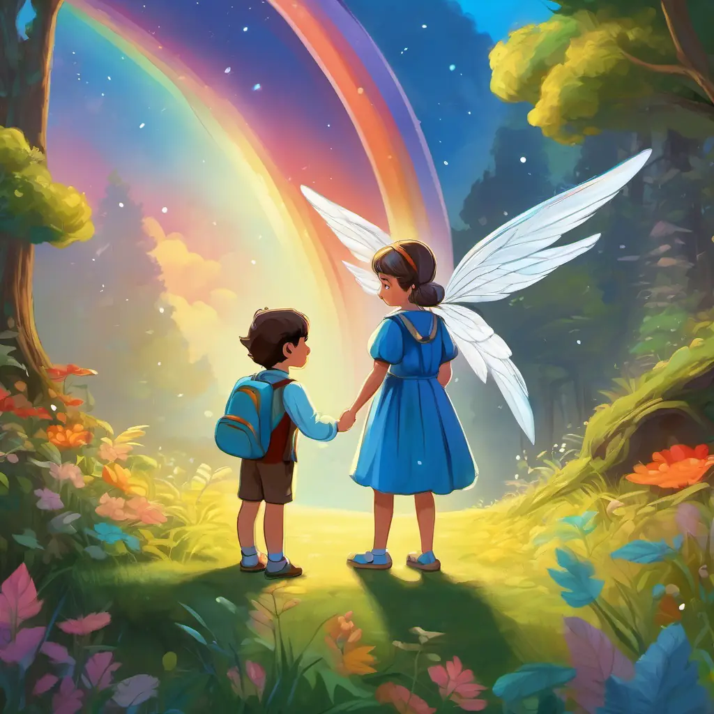 Fairy with silver wings and blue dress talking to Timmy about finding Colorful bird with rainbow feathers