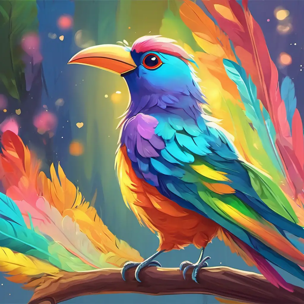 Colorful bird with rainbow feathers, a colorful bird, talking to Timmy about his dream