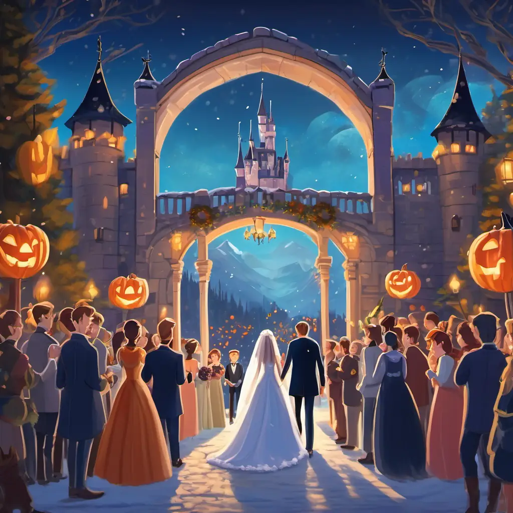 After clearing the roads, guests arrive at the castle. The wedding ceremony takes place under a beautiful frozen arch, filled with love, joy, and magic.