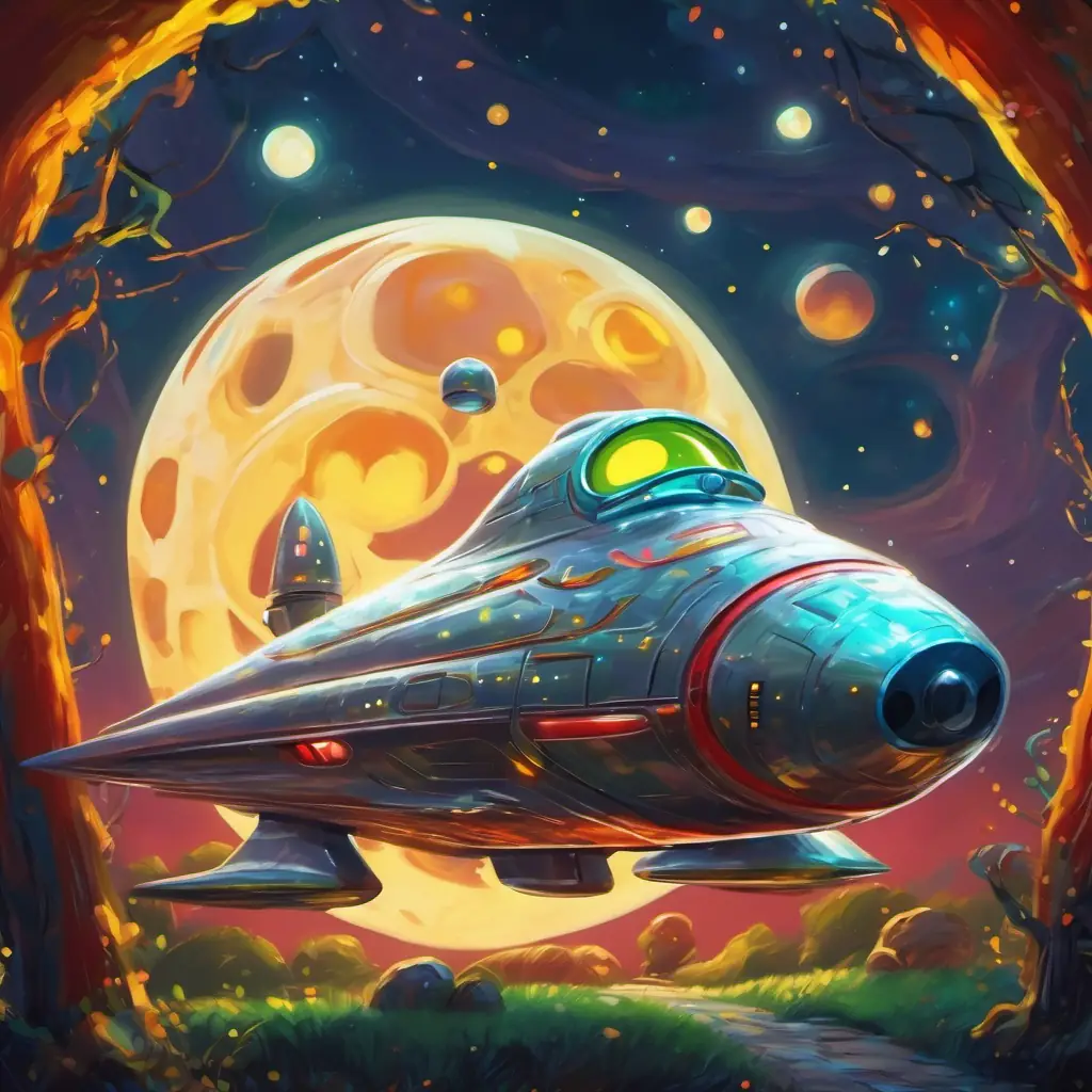 A shiny silver spaceship with red and blue lights landed near green with yellow spots, big round eyes's sleeping spot.