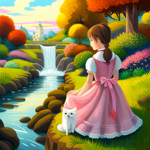 Brown-haired girl wearing a pink dress and Fluffy white cat with a red collar looking at a glistening stream