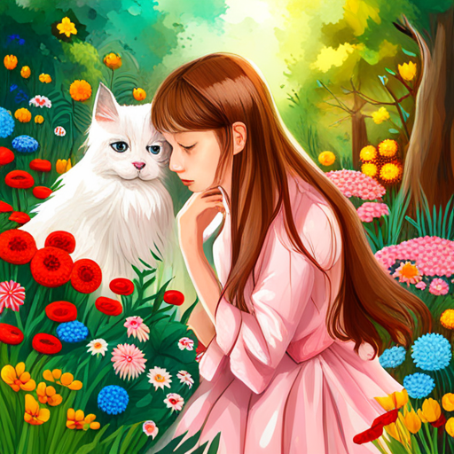 Brown-haired girl wearing a pink dress and Fluffy white cat with a red collar surrounded by colorful flowers and butterflies