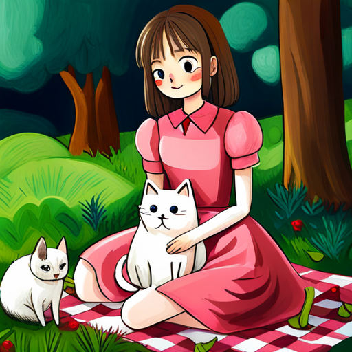 Brown-haired girl wearing a pink dress and Fluffy white cat with a red collar sitting on a picnic blanket, sharing food