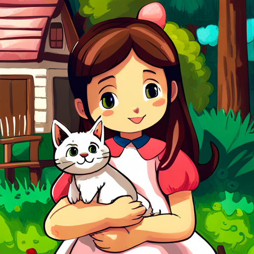 Brown-haired girl wearing a pink dress and Fluffy white cat with a red collar smiling as the baby squirrel reunites with its mommy