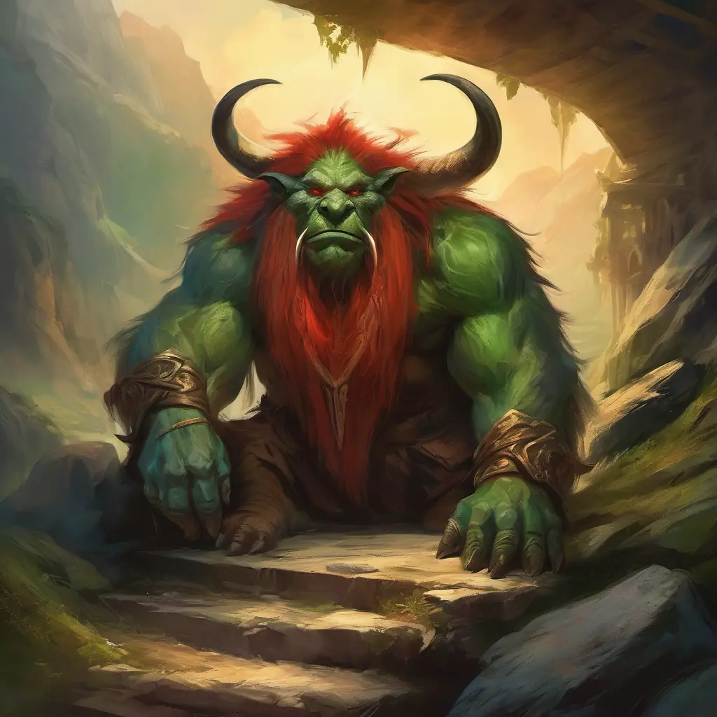 A big, scary A big, ugly troll with green skin and red eyes hiding under a bridge, waiting for the Three goats with brown fur and big horns.