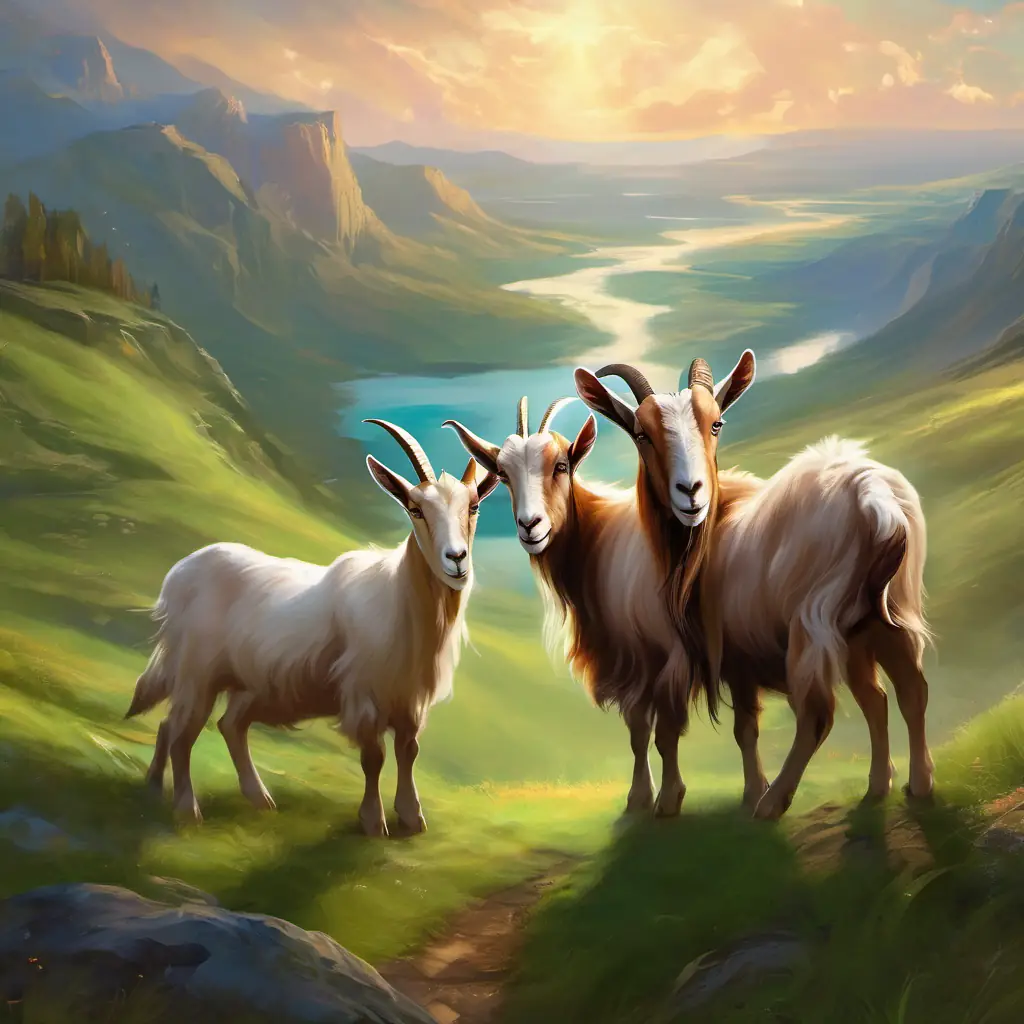 Three Three goats with brown fur and big horns standing on a hillside, looking at a river with green grass on the other side.