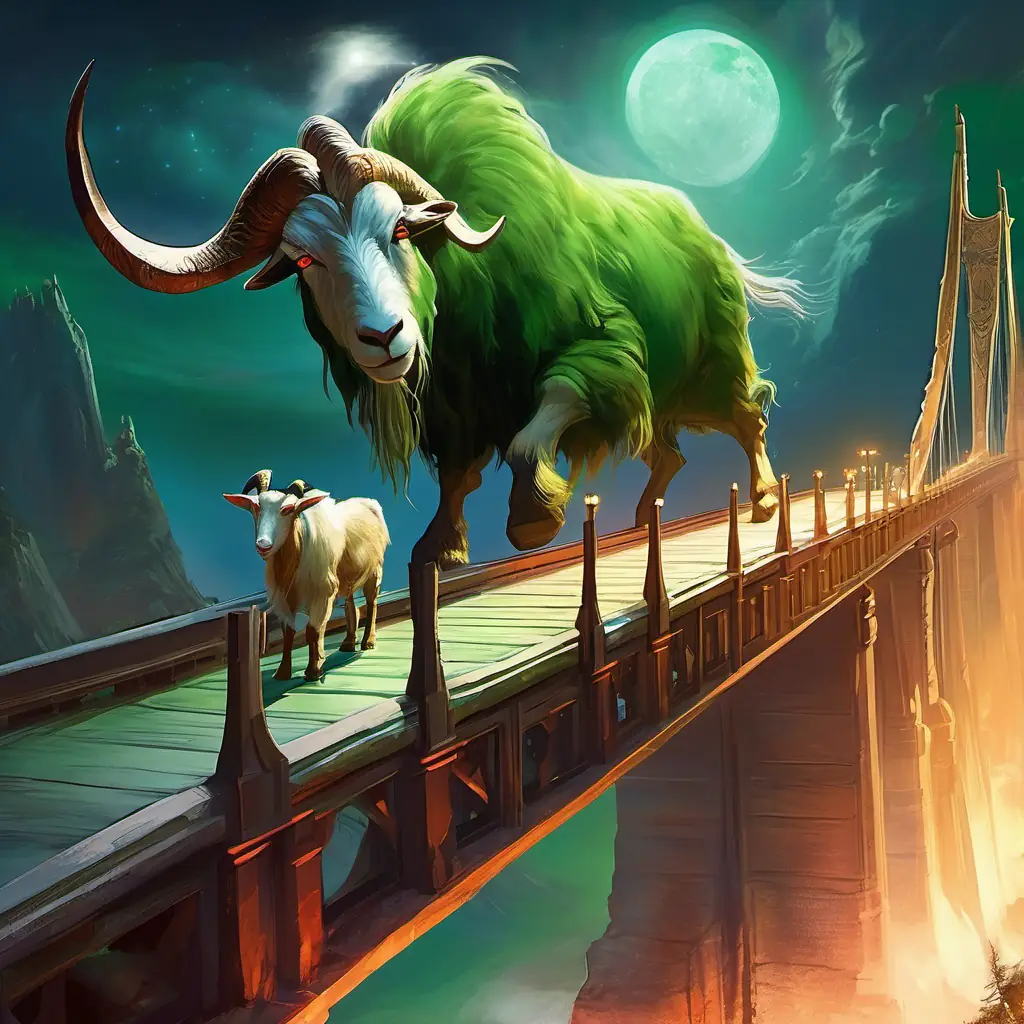 The first billy goat crossing the bridge while the A big, ugly troll with green skin and red eyes watches.