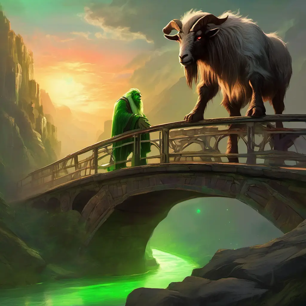 The second billy goat named Gruff talking to the A big, ugly troll with green skin and red eyes on the bridge.