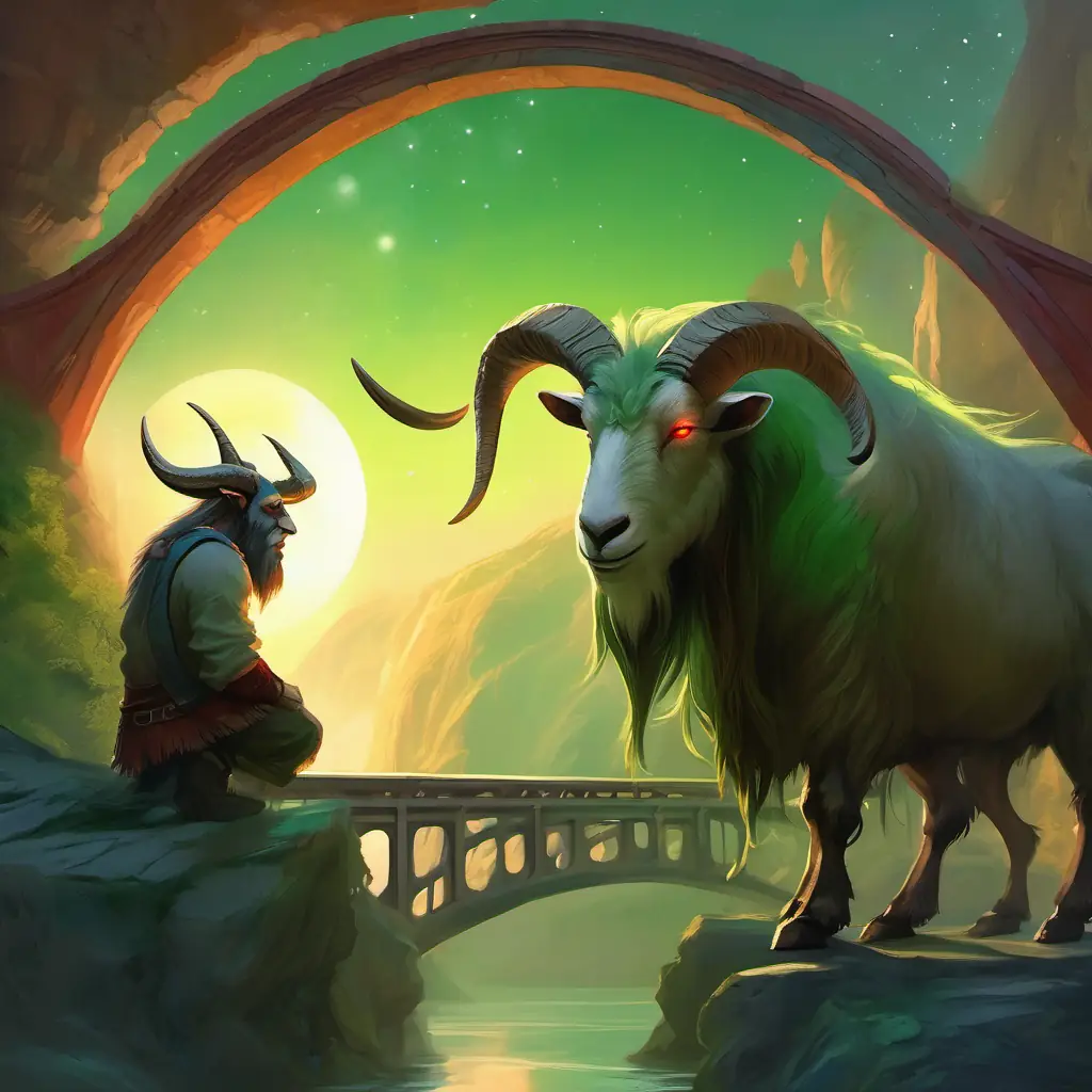 The first billy goat named Gruff talking to the A big, ugly troll with green skin and red eyes on the bridge.