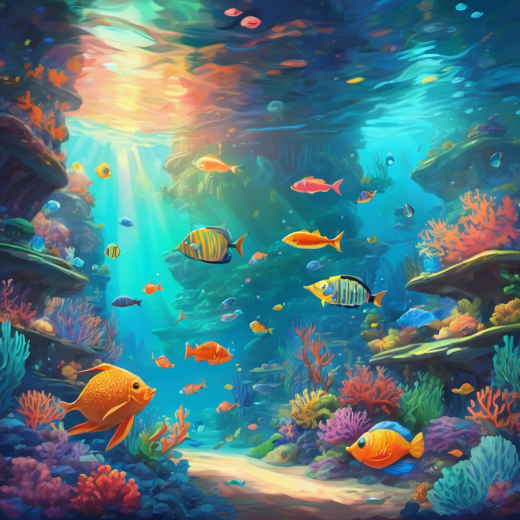 Colorful underwater kingdom with fish, coral, and mermaids