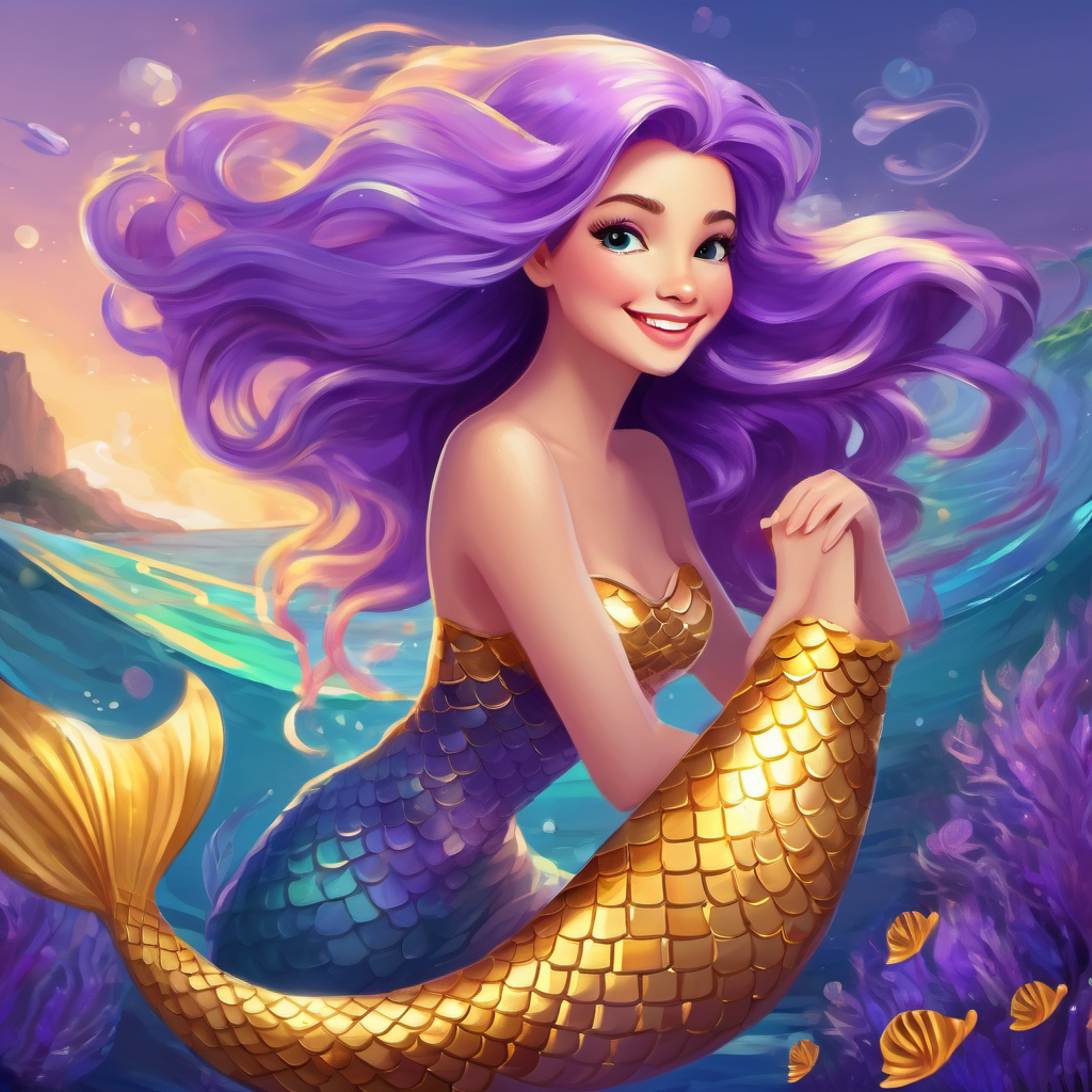 Cheerful mermaid with purple tail and golden hair, a cheerful mermaid with purple tail and golden hair
