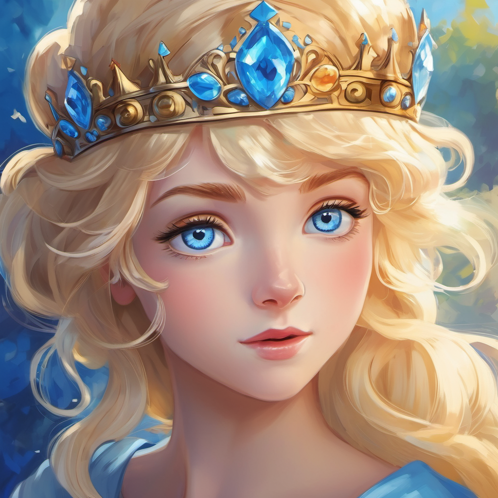 Blue eyes, blonde hair, and a crown with blue eyes, blonde hair, and a crown
