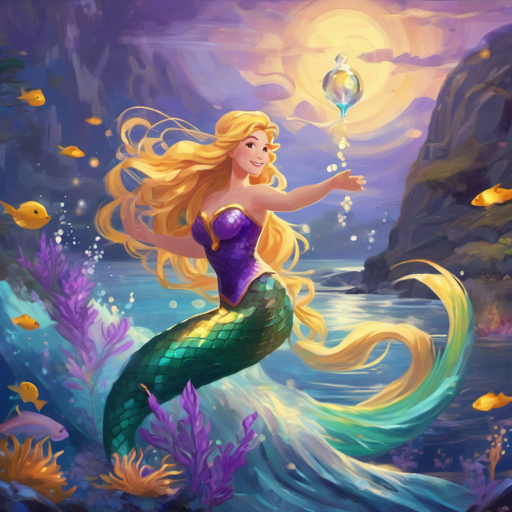 Cheerful mermaid with purple tail and golden hair using her magic to save the prince