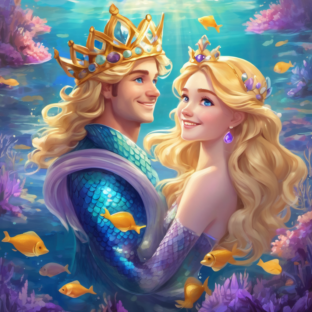 Blue eyes, blonde hair, and a crown smiling and holding Cheerful mermaid with purple tail and golden hair's hand gratefully