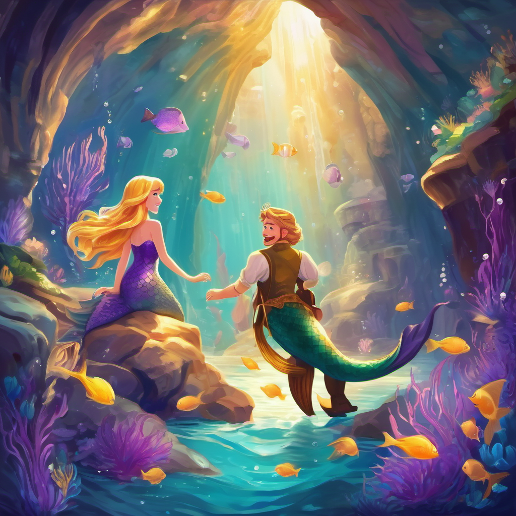Cheerful mermaid with purple tail and golden hair and the prince exploring beautiful underwater caves