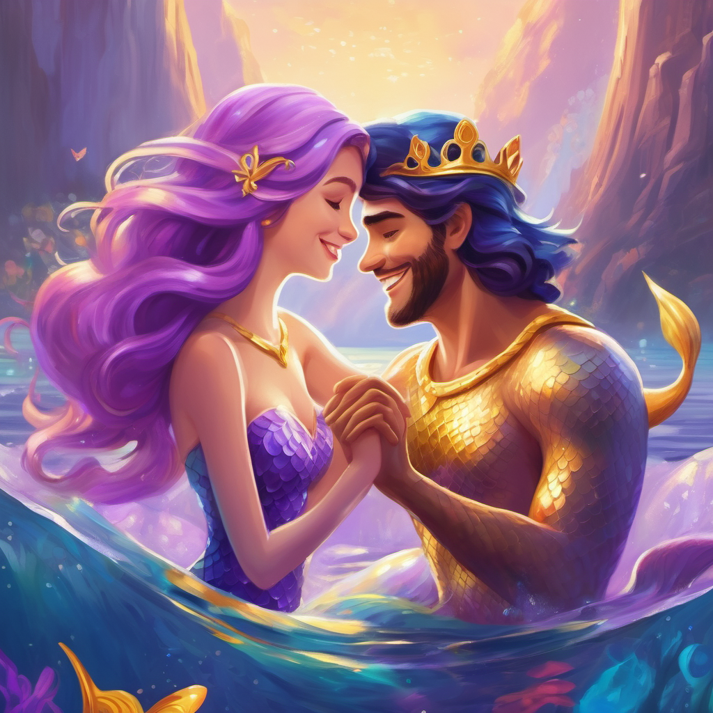 Cheerful mermaid with purple tail and golden hair and the prince holding hands and smiling at each other