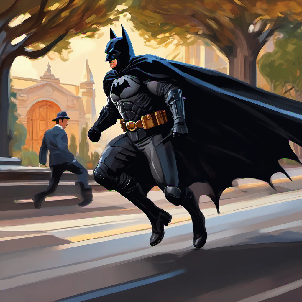 Dark knight in black suit with cape and cowl racing to the museum