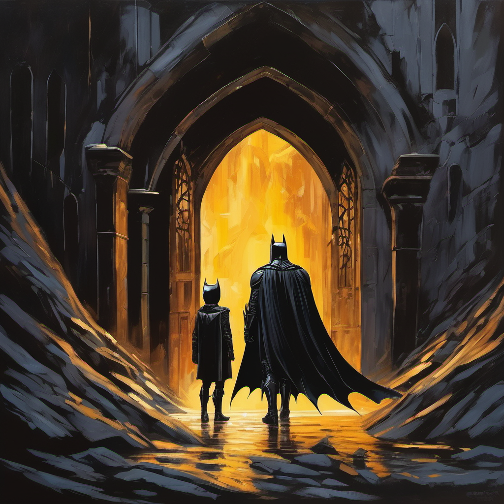 Dark knight in black suit with cape and cowl finds hidden lair