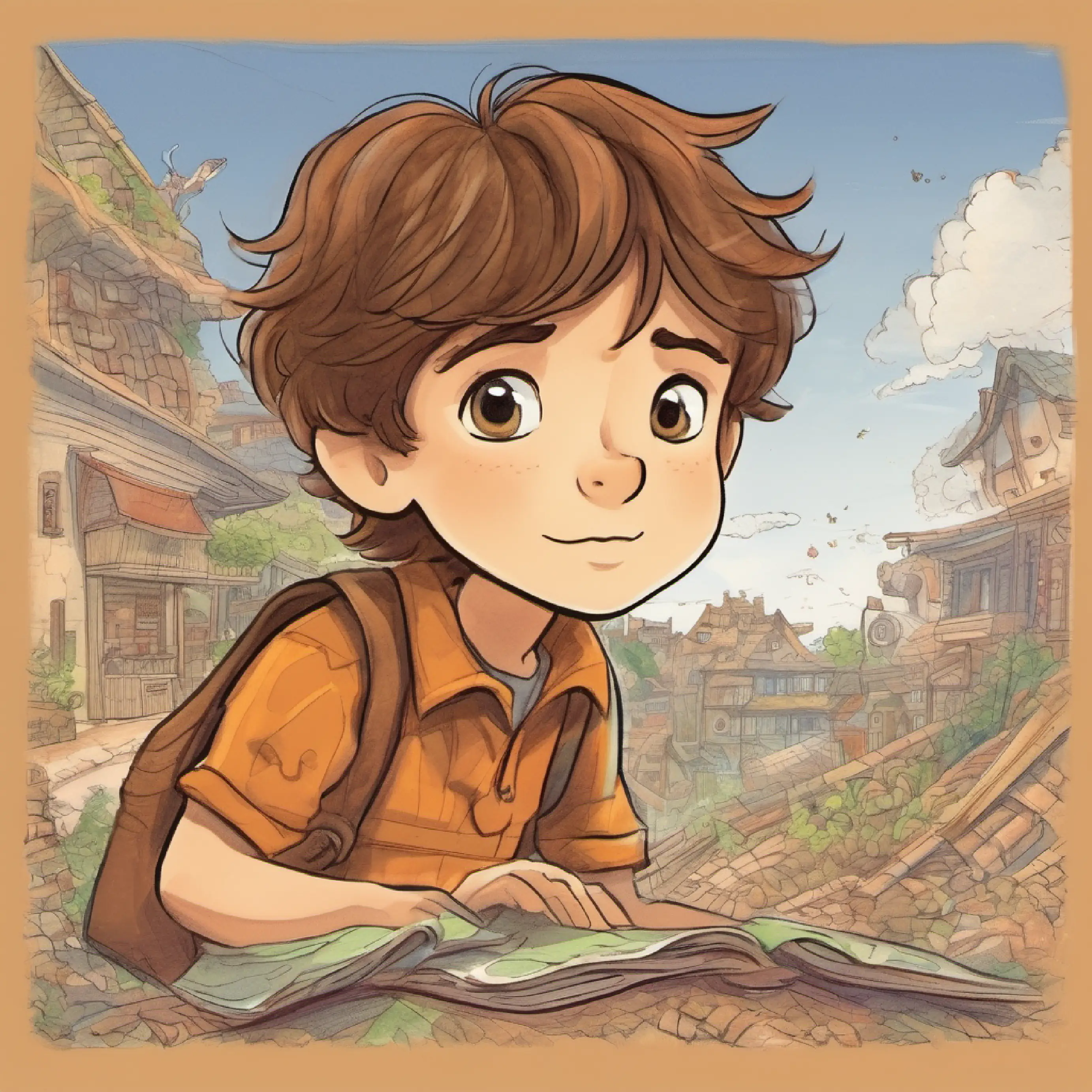 Play in the past, 7-year-old boy, thoughtful hazel eyes, messy brown hair notices changes, understanding of impacts on time
