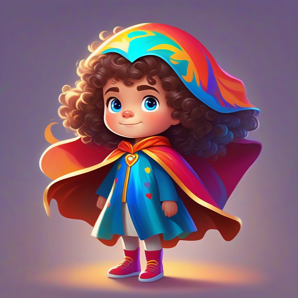 Curly brown hair, bright blue eyes wearing a colorful cape, becoming 'Wearing a colorful cape' superhero.