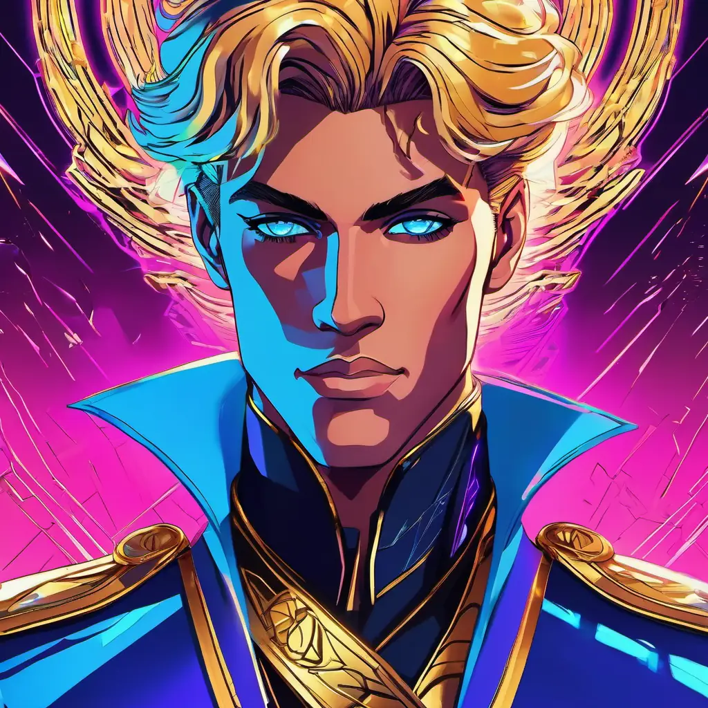 Prince Fair skin, bright blue eyes, golden hair, royal attire at the demon's lair