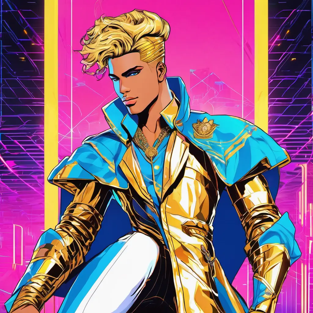 Prince Fair skin, bright blue eyes, golden hair, royal attire's triumphant victory