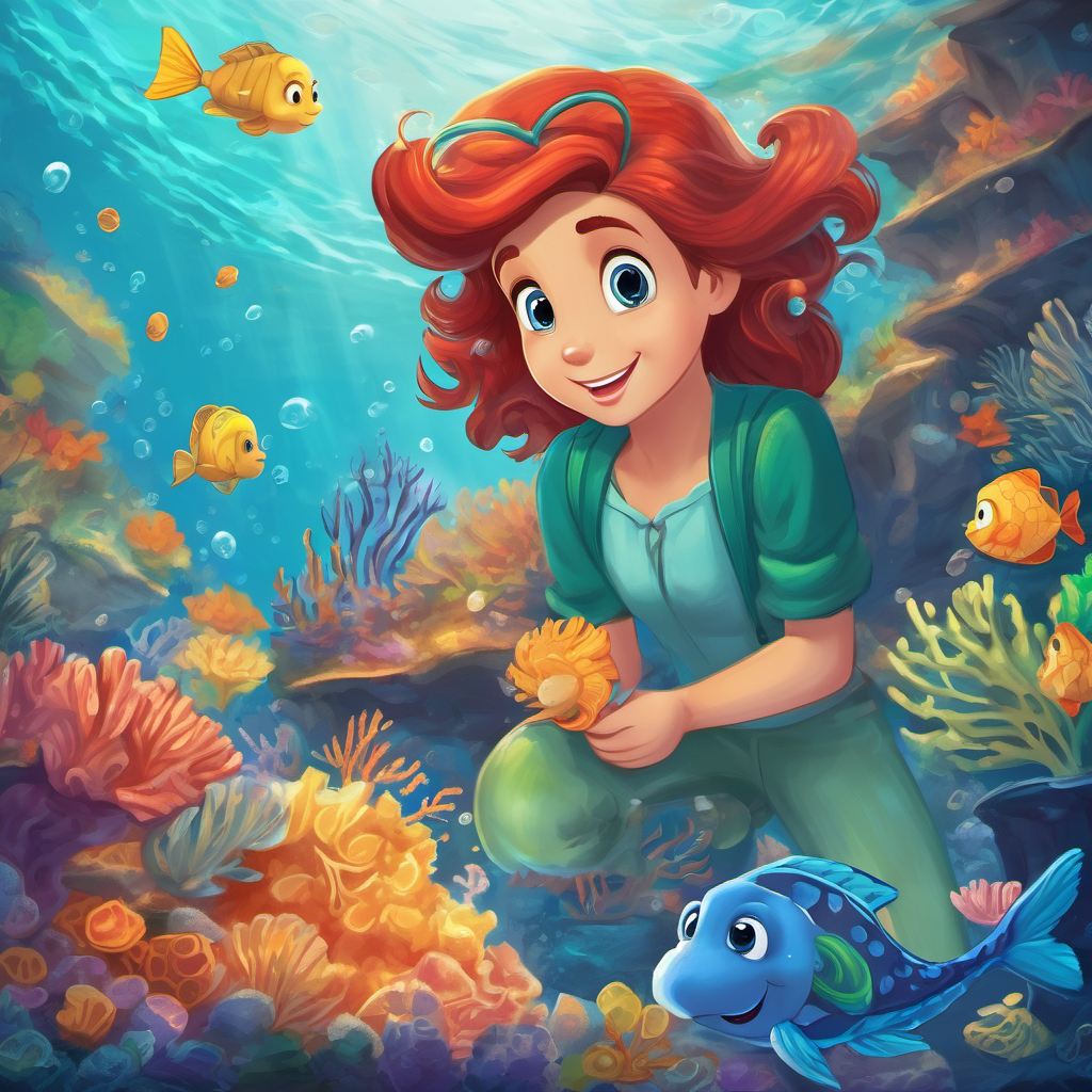 As Ariel and her friends swam near a colorful coral reef, they noticed a little seahorse named Sam. He was sad because he had lost his family. Ariel immediately felt a pang of empathy and decided to help him find his loved ones. With hearts full of determination, Ariel, Flounder, Sebastian, and Sam swam through the vast ocean, exploring every nook and cranny they could find. They met wise turtles, playful dolphins, and even a friendly octopus who shared stories of the ocean's secrets. Along the way, they collected shiny seashells and beautiful pearls.