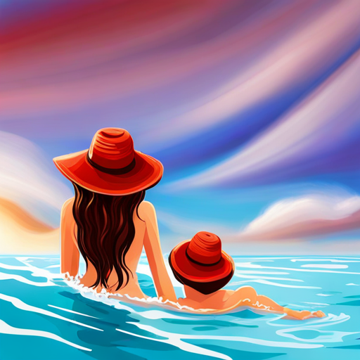 Menina de cabelos castanhos e olhos brilhantes. e Menino de cabelos lisos, usa chapéu vermelho. brincam juntos na praia