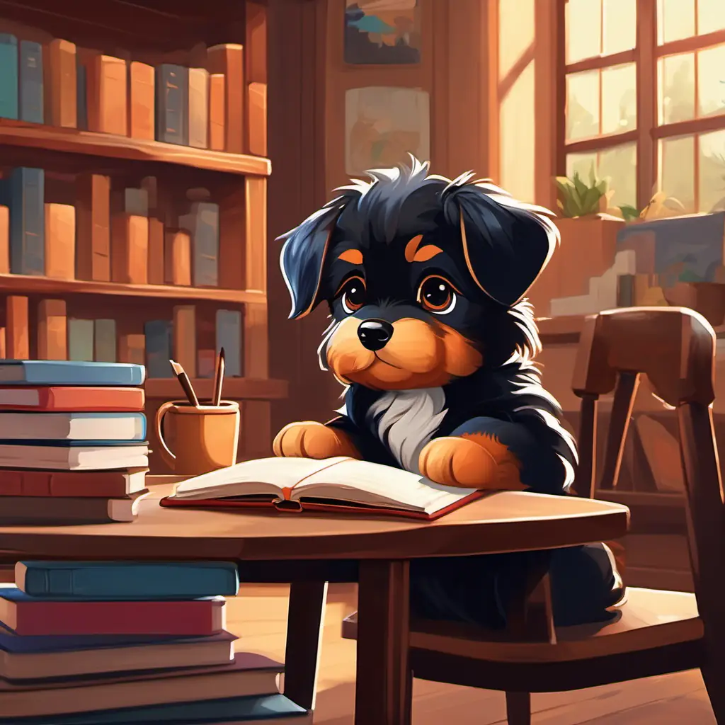 Perry the black and brown fluffy puppy with big brown eyes, is sitting at a table with books and a teacher, looking focused and determined.