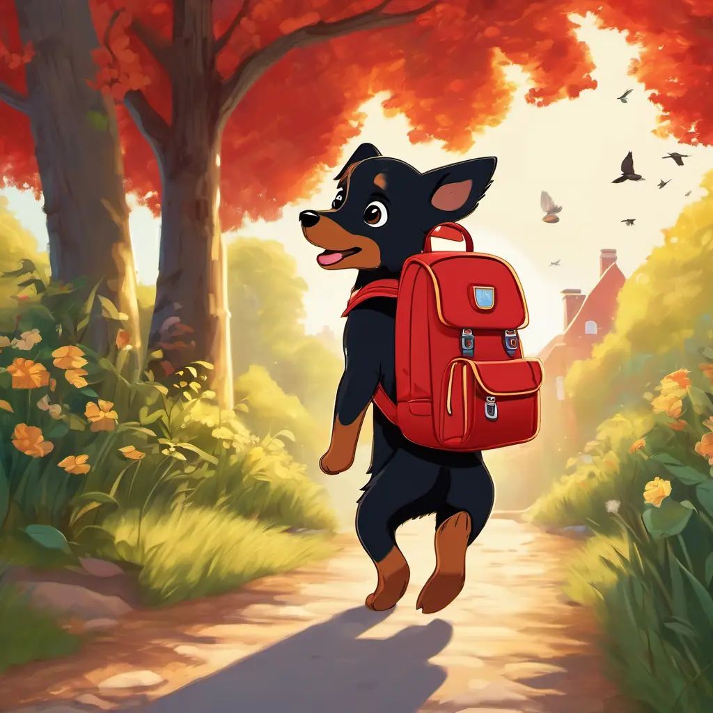 Perry is a brown and black puppy with big brown eyes, walking to school with a bright red backpack on his back. The sun is shining, and birds are chirping in the trees.