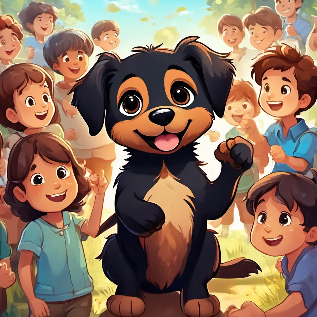 Perry the black and brown fluffy puppy with big brown eyes, is standing in front of a group of kids, giving them a thumbs-up with a happy grin.