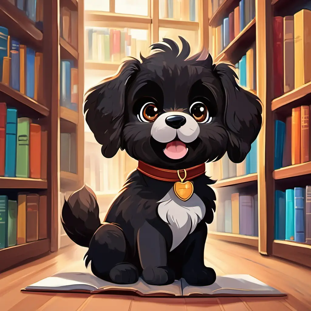 Perry the black and brown fluffy puppy with big brown eyes, is standing in a library surrounded by colorful books, wearing a big smile on his face.