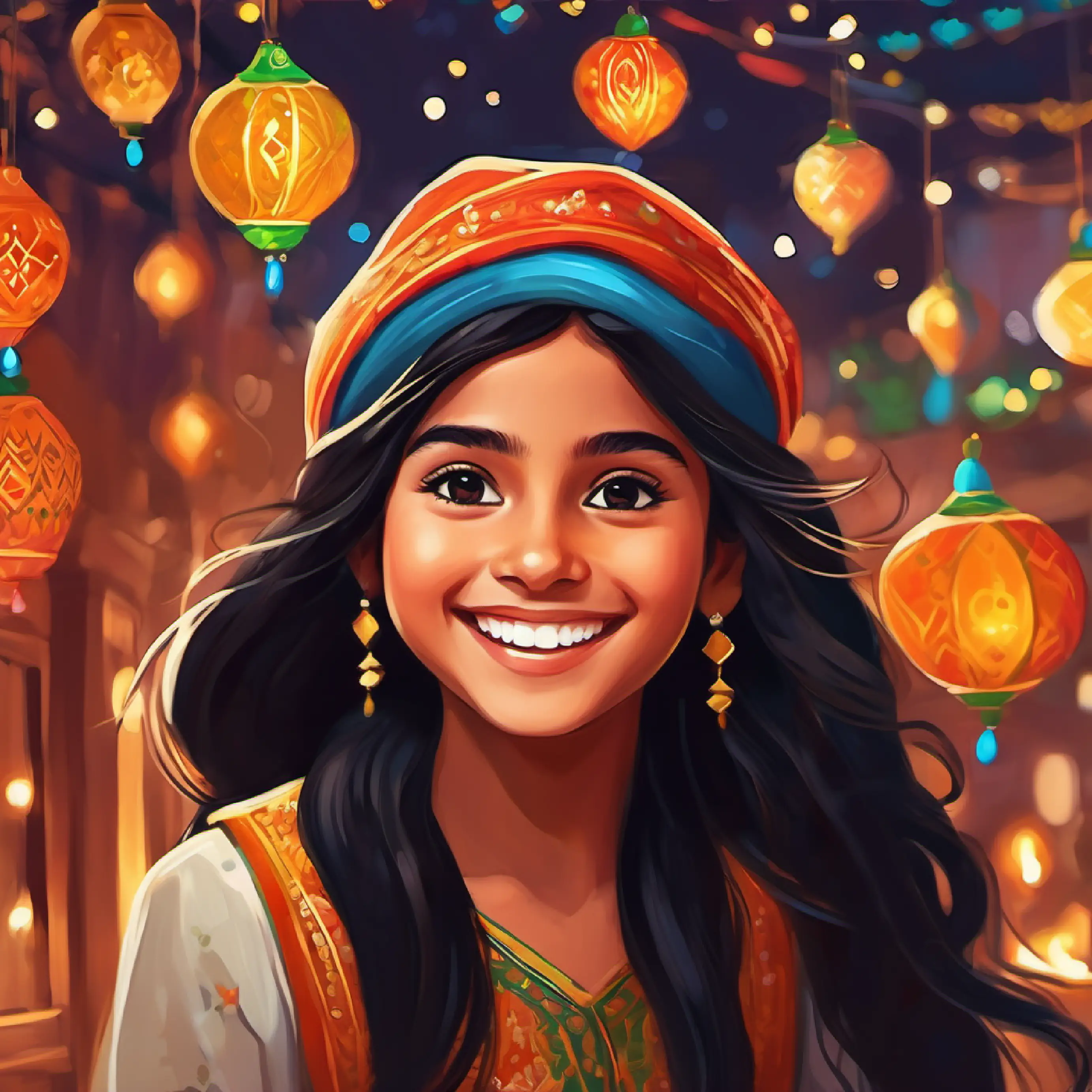 Young girl, long black hair, brown eyes, vibrant smile in Jaipur, excited for Diwali preparations.