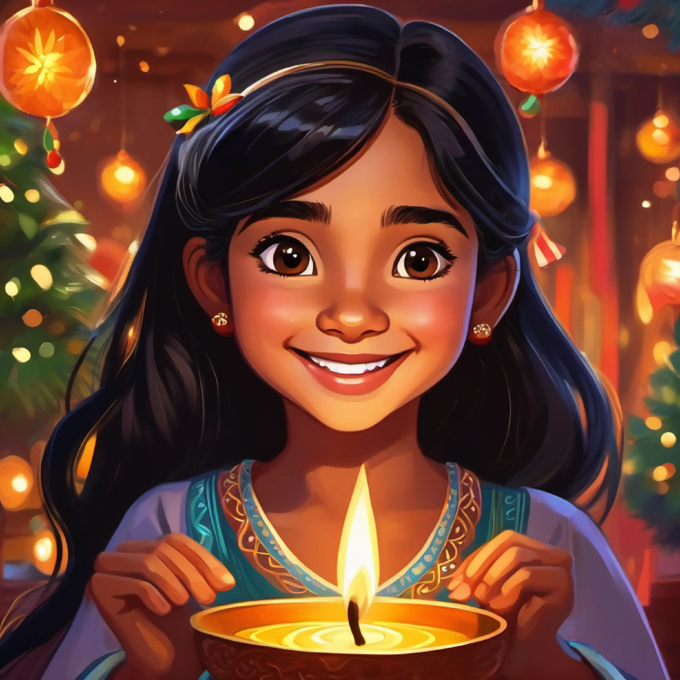 Young girl, long black hair, brown eyes, vibrant smile reflects on joy of giving during Diwali.