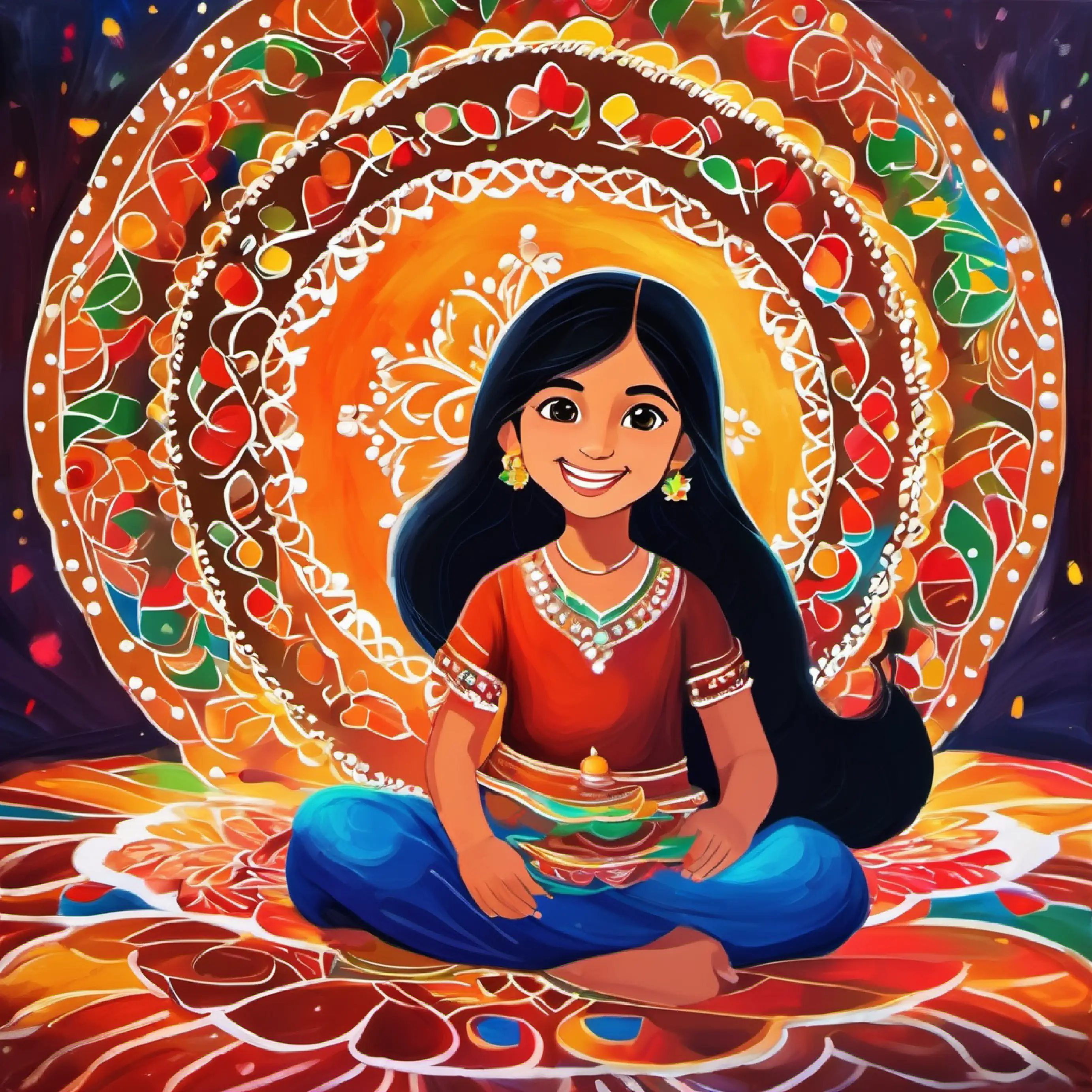 Young girl, long black hair, brown eyes, vibrant smile and mom create vibrant rangoli.