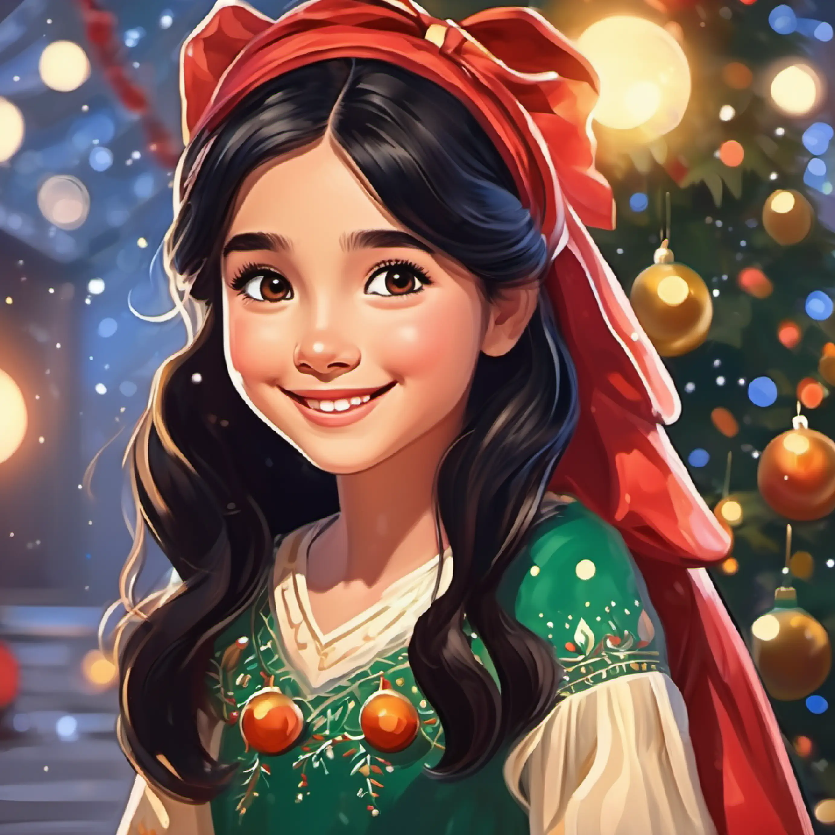 Young girl, long black hair, brown eyes, vibrant smile spots a stunning festive dress.