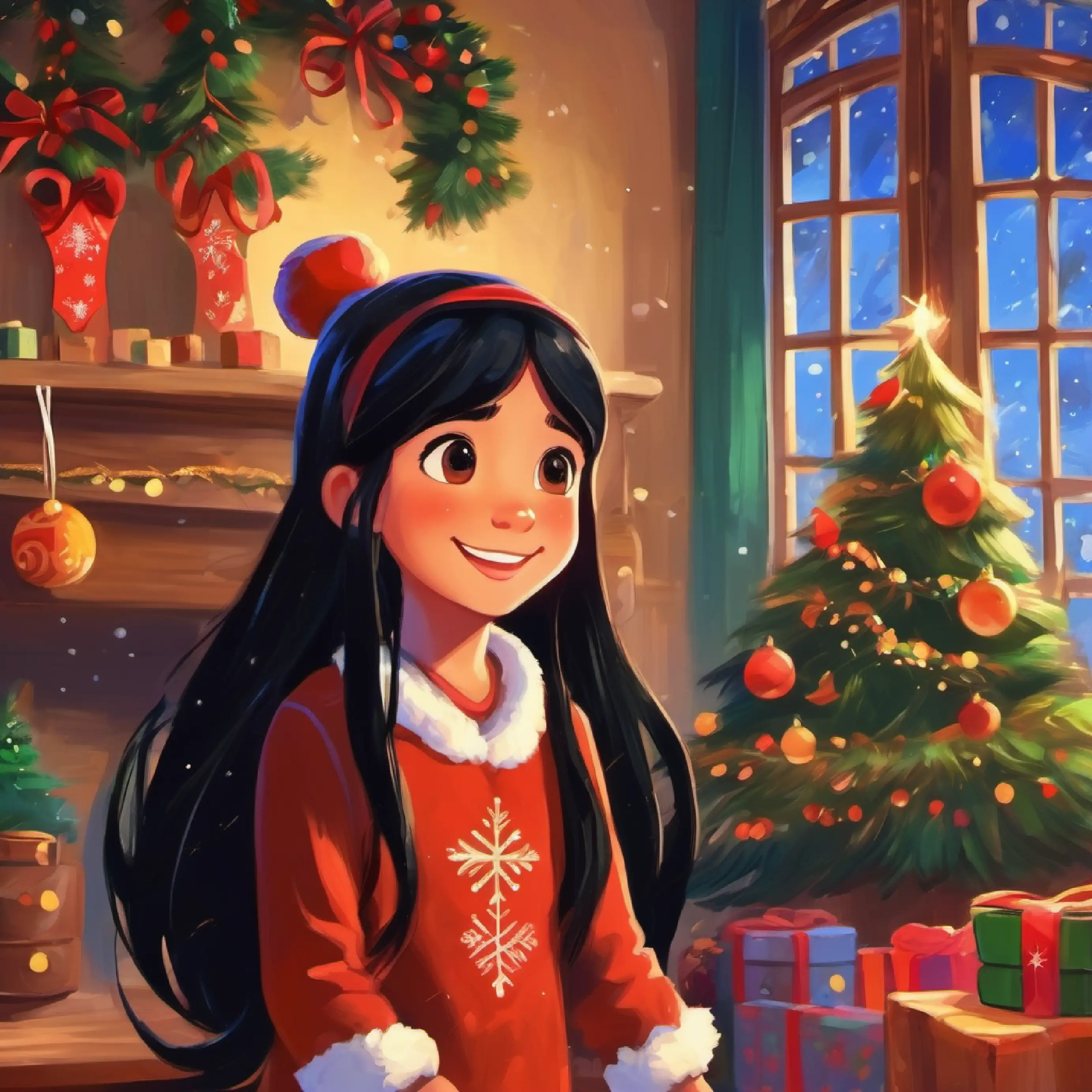 Young girl, long black hair, brown eyes, vibrant smile notices a boy longing for treats.