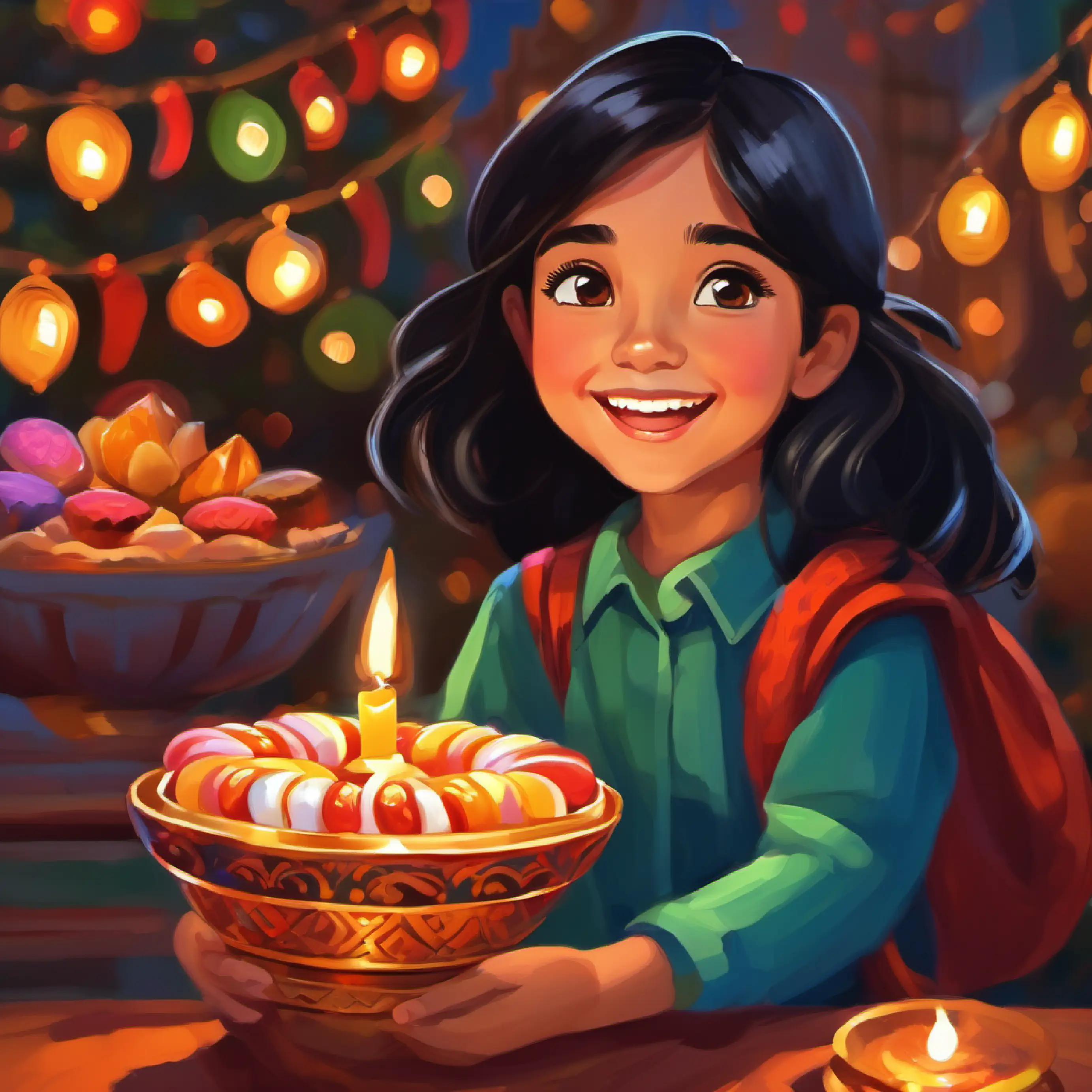 Young girl, long black hair, brown eyes, vibrant smile shares Diwali sweets, boy is joyful.